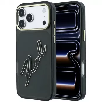 Pouzdro Karl Lagerfeld IML Big Signature Resin Metal Frame pro iPhone 18 Pro / 17 Pro, černé