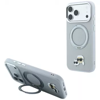 Pouzdro MagSafe s 360° stojánkem Karl Lagerfeld KF003229 Karl & Choupette Heads Pin pro iPhone 18 Pro / 17 Pro šedé