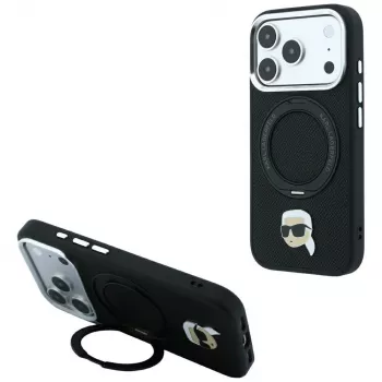 Pouzdro Karl Lagerfeld MagSafe s prstencovým stojánkem 360 a Karl Head Pin pro iPhone 18 Pro / 17 Pro, černé