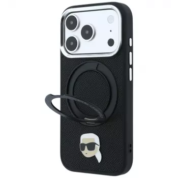 Pouzdro Karl Lagerfeld MagSafe s prstencovým stojánkem 360 a Karl Head Pin pro iPhone 18 Pro / 17 Pro, černé