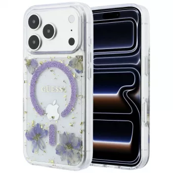 Guess GUE005781 Resin Flowers Glitter MagSafe case for iPhone 18 Pro / 17 Pro, purple