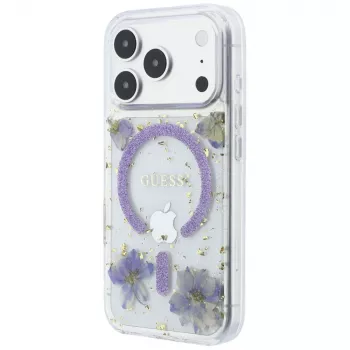 Guess Resin Flowers Glitter MagSafe case for iPhone 18 Pro Max / 17 Pro Max, purple