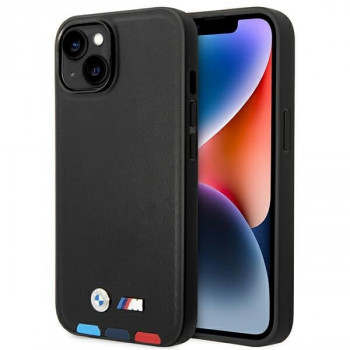 Pouzdro BMW BMHCP14M22PTDK pro iPhone 14 Plus, černé, Leather Stamp Tricolor