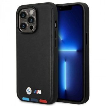 Pouzdro BMW BMHMP14L22PTDK pro Apple iPhone 14 Pro, Leather Stamp Tricolor MagSafe, černé