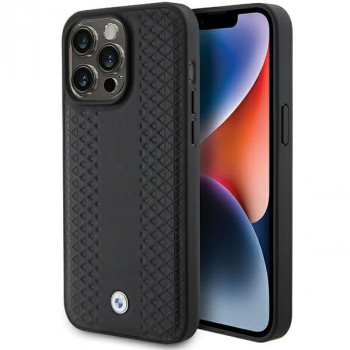 Kožené pouzdro BMW BMHCP15L22RFGK s diamantovým vzorem pro Apple iPhone 15 Pro, černé