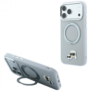 Pouzdro Karl Lagerfeld s Ring Stand 360 Karl & Choupette Heads Pin MagSafe pro Apple iPhone 18 Pro Max / 17 Pro Max, šedé