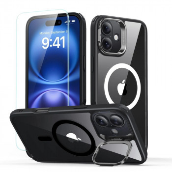 Pouzdro ESR Classic Hybrid Kickstand HaloLock MagSafe s tvrzeným sklem pro Apple iPhone 16, čiré/černé