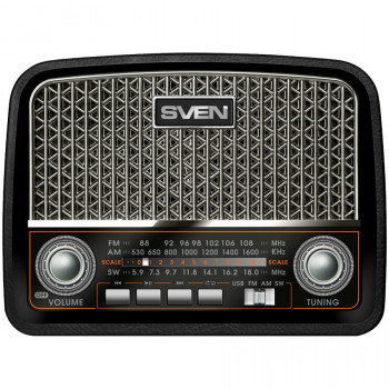 Rádiopřijímač SVEN SRP-555, černo-stříbrný, 3 W, FM/AM/SW, USB, SD/microSD, baterie
