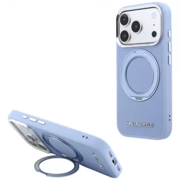 Pouzdro MagSafe s prstenovým stojánkem Karl Lagerfeld Ring Stand 360 Saffiano Classic Logo pro Apple iPhone 18 Pro Max / 17 Pro Max, světle modré (KF003176)
