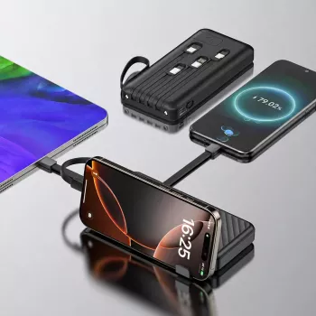 Powerbanka Wozinsky W11-B 10000mAh 10W s integrovanými kabely a svítilnou, černá