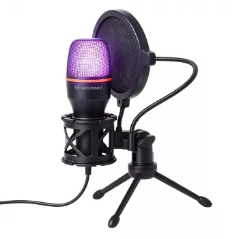 Studiový herní mikrofon Wozinsky WM-W111 s držákem a RGB podsvícením, drátový, černý
