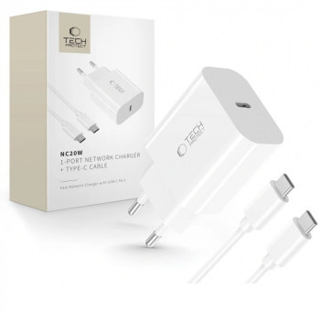 Tech-Protect NC20W 1-port USB-C Wall Charger PD20W with USB-C / USB-C Cable, White