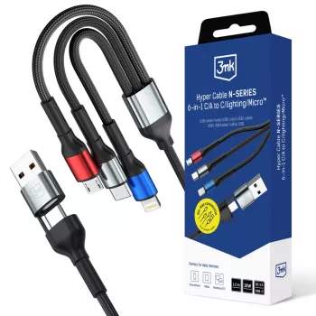 Kabel 3MK Hyper Cable N-SERIES 6v1 USB-C / USB-A na USB-C / MicroUSB / Lightning, QC 3.0, 18 W (9 V / 2 A), 1,2 m, černý
